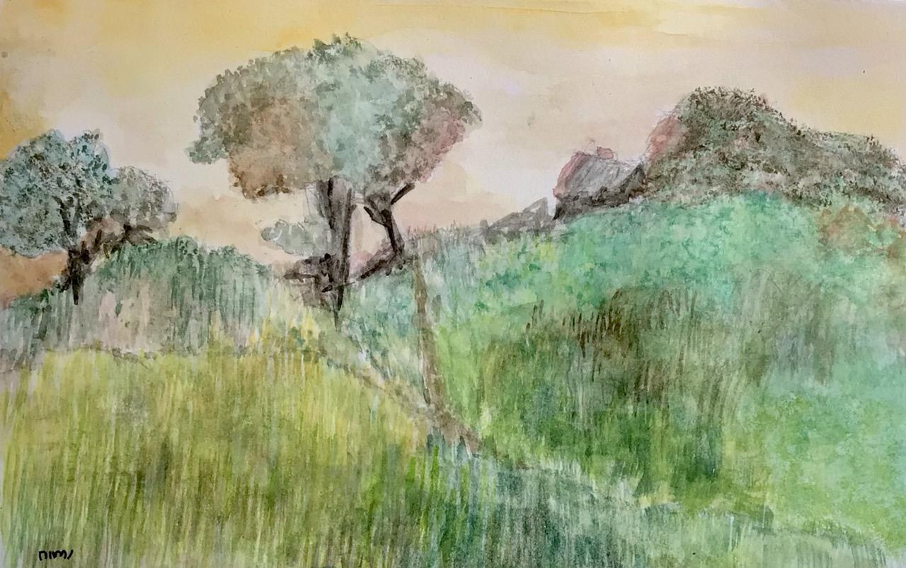 Aquarell. Eine hüglige Landschaft, im Vordergrund Wiesen in gelb - bis grün- und Brauntönen, die von einem kaum erkennbaren Weg getrennt sind. Am Horizont links und in der Mitte Laubbäume in grün-rötlichen Farbtönen, rechts davon ein verwittertes Haus vom Hügel fast verdeckt, im Anschluss hohes Buschwerk. Der Himmel gelblich rötlich.