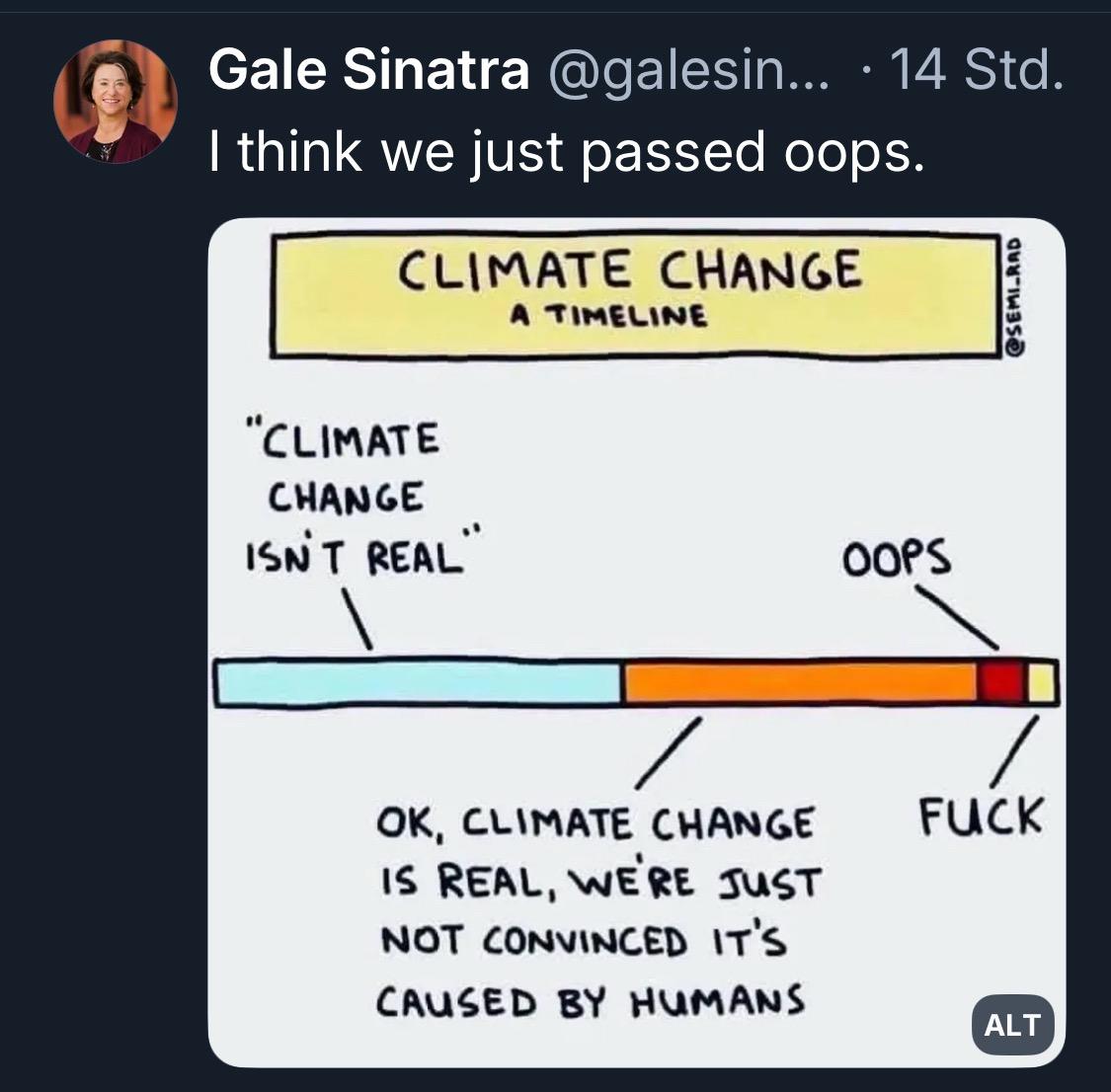 Das Bild mit dem Titel "Climate Change - a timeline" zeigt verschiedene Abschnitte: "Climate Change isn't real" - "Ok, Climate change is real, we're just not convincet it's caused by humans" - "oops" - "fuck"