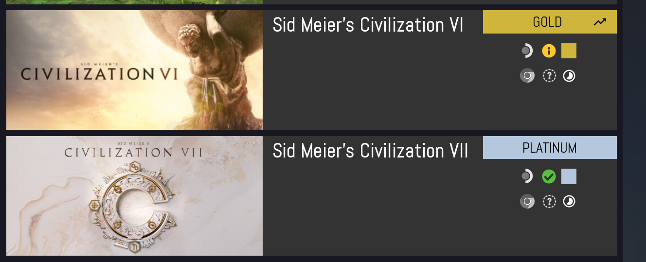 Showing Rating of Civ VI and Civ VII ... Civ VI is Gold and Civ VII is Platinum
