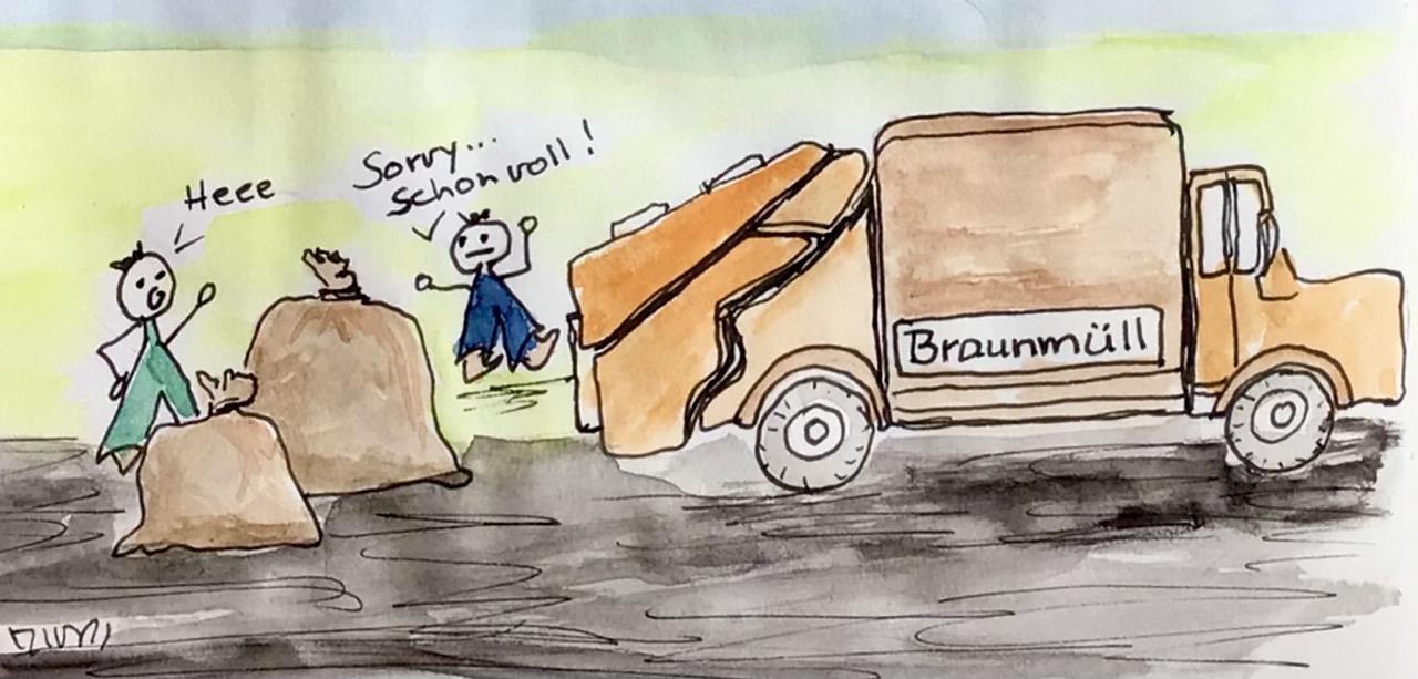 Einfache Zeichnung aquarelliert Cartoonart. Rechts im Bild ein orange- brauner Mülllwagen mit der Aufschrift: Braunmüll. Links eine Figur hinter zwei großen braunen Müllsäcken. Dieser „ruft“ einer rechts daneben stehenden Figur zu: Heee. Diese „antwortet“: Sorry… Schon voll !