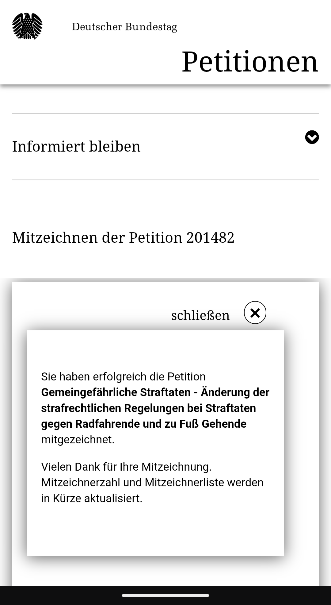 Screenshot der Bestätigung, dass an der Petition teilgenommen wurde